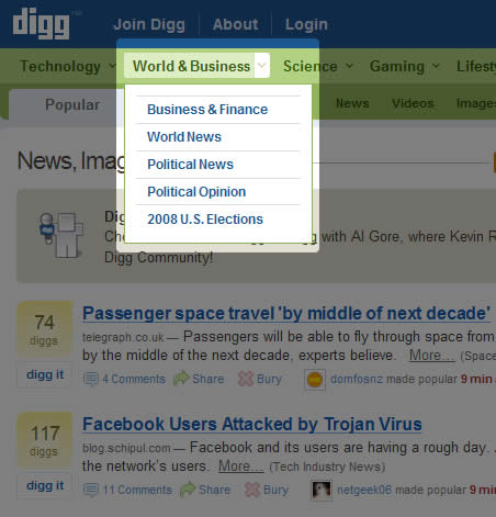 El menú desplegable del sitio Digg.com, indica claramente en qué item he puesto el mouse.