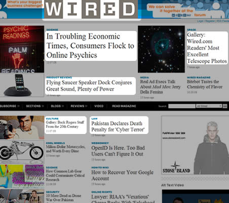 El sitio de noticias tecnológicas, Wired, claramente indica la importancia de sus articulos mediante una jerarquia textual clara.